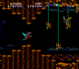 Strangely, only in the Mega Drive version do the spiders swing down from webs.